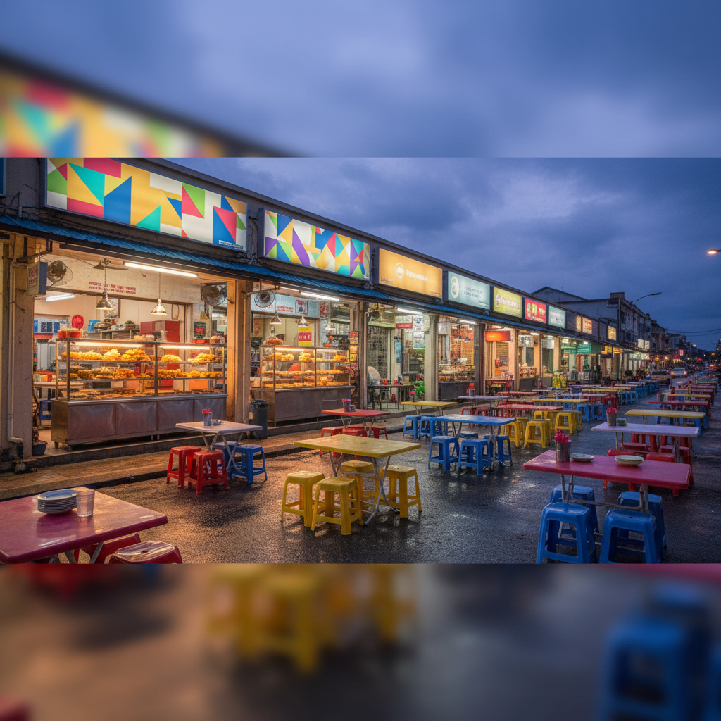 A panoramic, photographic evening streetscape of a bustling row of shophouses with multiple open-front eateries, their counters lined with metal trays of curries and fried snacks under warm tungsten lamps. Instead of diners, the foreground features a cluster of empty yet inviting plastic tables and stools arranged in casual patterns, some with untouched drinks and neatly stacked plates suggesting recent activity. Overhead, soft overcast twilight blends with bright signboard glows, but no readable text or logos appear, only colorful geometric panels. Shot at street level with a wide-angle lens, the image feels dynamic and playful, showing the heartbeat of local nightlife and community gathering without any human figures.