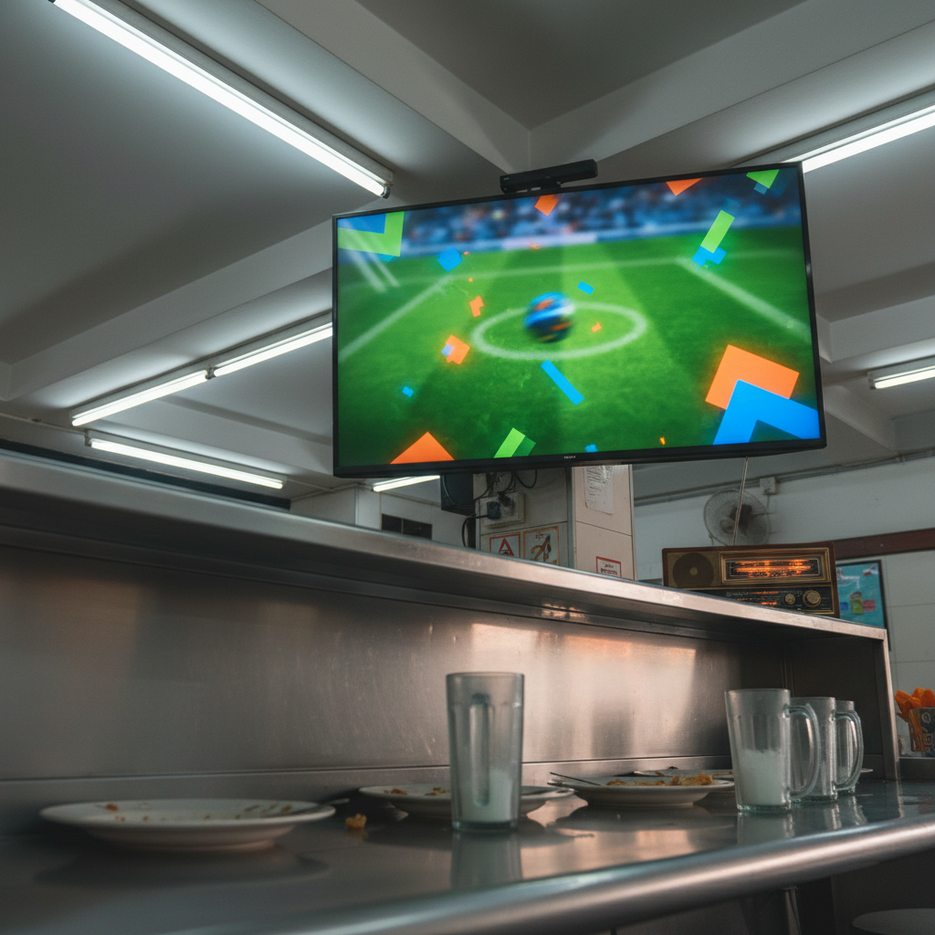 A close-up, low-angle photographic view of a large flat-screen TV mounted high in a mamak-style corner, frozen on an abstract, logo-less sports broadcast: a green field, a motion-blurred ball mid-flight, and colorful geometric shapes hinting at teams instead of real players. Below, a long stainless-steel counter holds snack plates, empty tall glasses with frosted sides, and a small radio with glowing dials. Cool white fluorescent ceiling lights create crisp reflections on the metal surfaces, while a warmer glow from the TV casts subtle color onto nearby objects. The atmosphere is energetic yet cozy, capturing the thrill of watching the game at a local spot without showing any humans.
