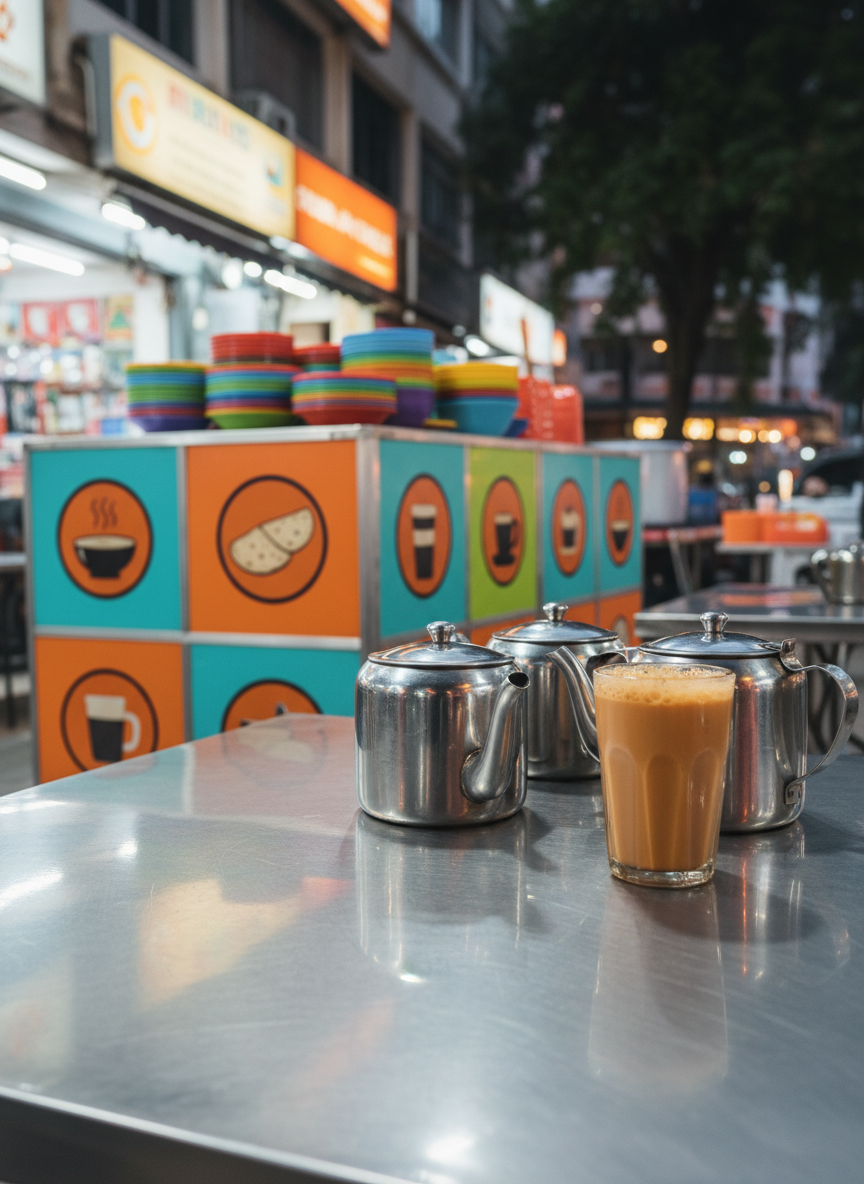 A polished stainless-steel table at a vibrant open-air mamak-style corner, covered with an assortment of colorful plastic plates stacked neatly, shiny metal teapots, and a frothy pulled tea in a tall clear glass. The stall counter in the midground displays photo-less menus as simple colored panels and illustrated icons instead of text or people. Warm evening streetlights and soft neon glows reflect off the table’s surface, creating lively highlights. Photographic realism at eye level with a shallow depth of field keeps the table in crisp focus while the background of urban shopfronts and leafy trees softly blurs, evoking the playful, communal feel of local late-night hangs without showing any human figures.