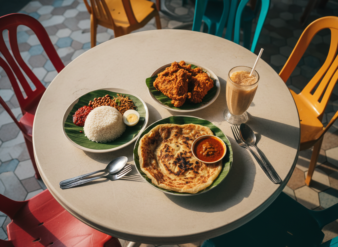 An overhead photographic shot of a round, slightly worn plastic table set for a feast of local food: a perfectly charred roti canai, a glossy plate of nasi lemak with bright sambal, golden crispy fried chicken, and a tall, beaded-glass iced drink beading with condensation. Each dish is meticulously styled, with banana leaf liners and stainless-steel cutlery placed precisely. Diffused late-afternoon daylight from the side casts gentle shadows, enhancing the rich textures of rice, curry, and crispy dough. The mood is inviting and playful, as if mid-conversation, but the surrounding empty molded chairs and quiet tiled floor emphasize that no people are present, focusing solely on the joyous spread.