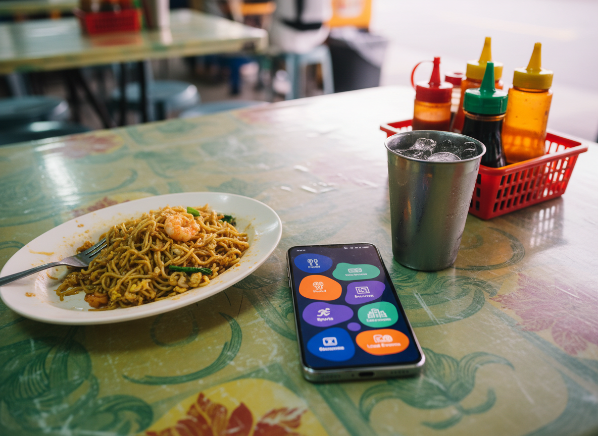 A sleek modern smartphone resting on a laminated mamak-style table, its screen displaying an abstract, textless interface of colorful tiles and icons suggesting news categories like food, sports, and local events. Around it sit a half-finished plate of mee goreng, a stainless-steel cup with melting ice, and a small plastic basket filled with condiment bottles in different bright hues. Soft, cool fluorescent interior lighting mixes with warmer street glow from outside the frame, creating balanced, realistic illumination. Captured from a slightly elevated angle with photographic realism, the composition uses rule of thirds to emphasize the phone as a playful gateway to local stories, while the familiar table textures anchor it in everyday life.